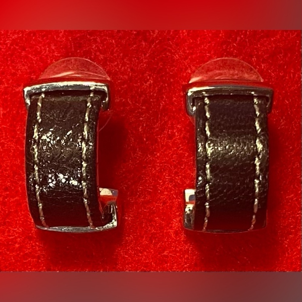 Earrings Silver Tone/Black Leather Pierced Semi-hoop New 1” Long Vintage